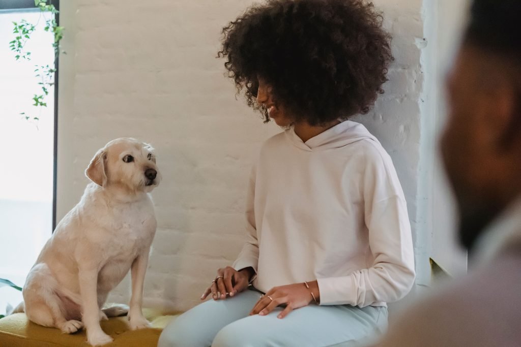 Family chatting with their dog